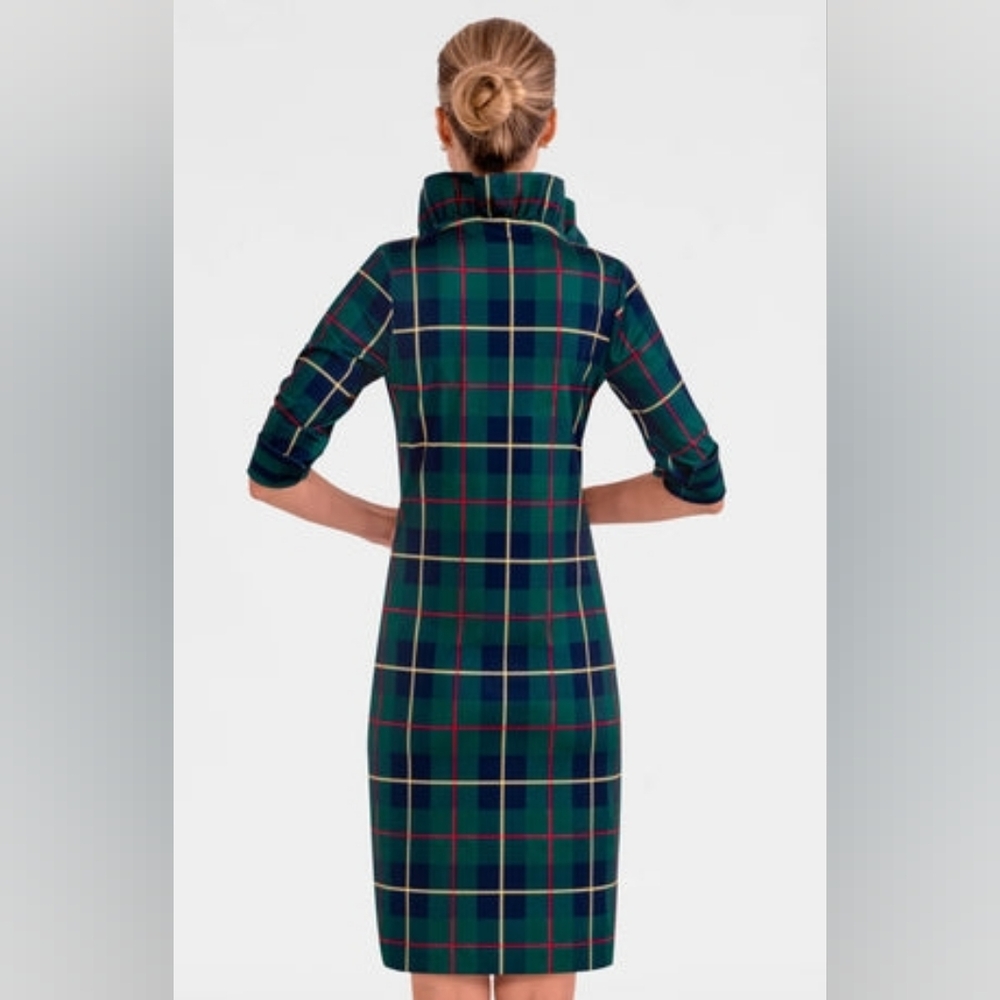 Gretchen Scott Designs Jersey Ruffneck Dress Plaidly Cooper NWT Sz S - Picture 2 of 5